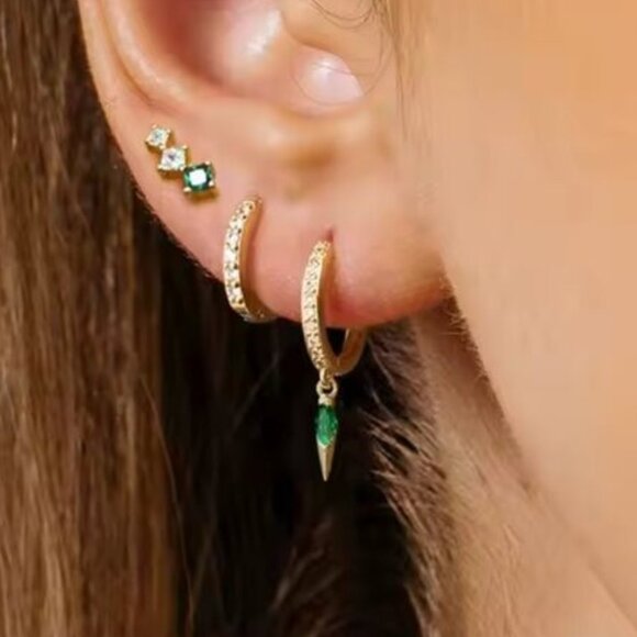 Gold Huggies with Green CZ Spike Dangle  Hypoallergenic Dainty Earrings PRETTY - Picture 1 of 16
